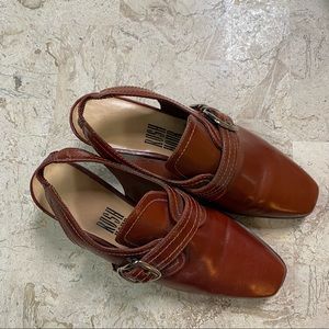 Vintage Brown Leather Slingback Square Toe Medium Heel Slip On Brazil Size 5.5B